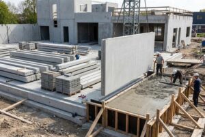 Prefabrykaty betonowe RAK-BUD składowane na placu produkcyjnym, gotowe do transportu