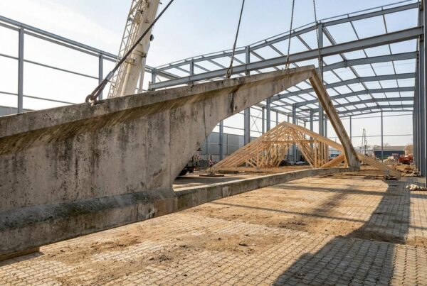 Prefabrykowane dźwigary dachowe strunobetonowe RAK-BUD na placu produkcyjnym