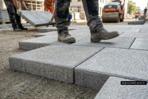 Płytki chodnikowe z betonu RAK-BUD ułożone na chodniku obok kostki brukowej