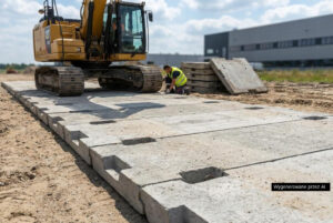 Prefabrykowane płyty drogowe z betonu RAK-BUD ułożone na placu składowym