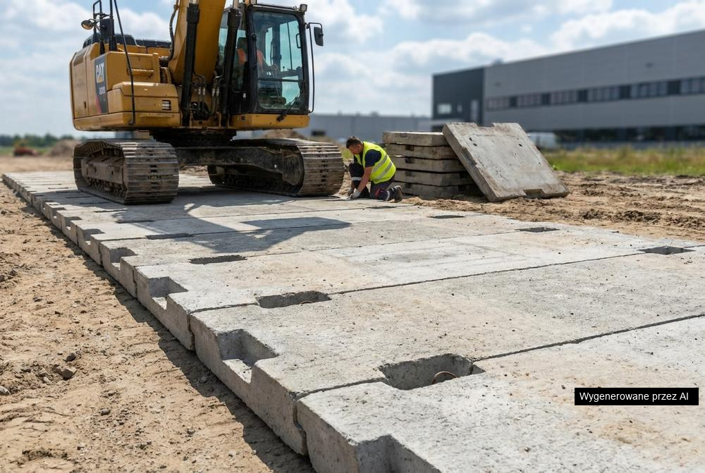 Prefabrykowane płyty drogowe z betonu RAK-BUD ułożone na placu składowym